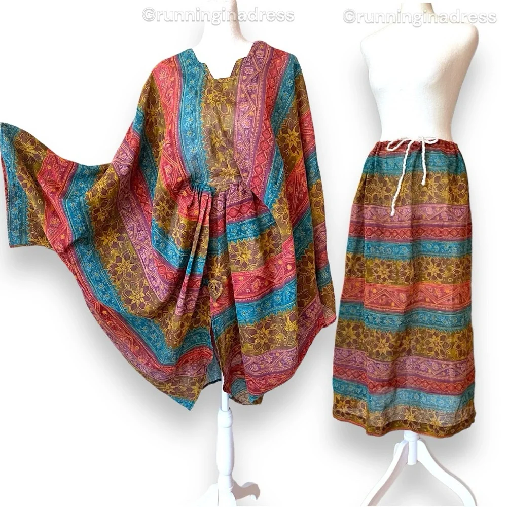 Boho Kaftan and Maxi Skirt Set Upcycled Vintage 70s One Size Fits Up to 3XL - Picture 2 of 16